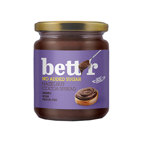 Pâte à tartiner au chocolat et aux noisettes BIO avec édulcorant.