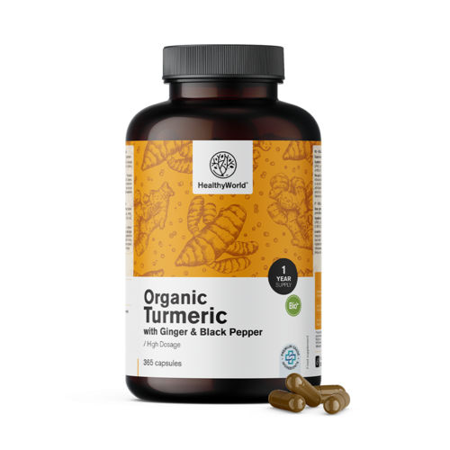 Curcuma BIO 480 mg - avec gingembre et poivre noir, 365 gélules