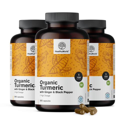 3x Curcuma BIO 480 mg - avec gingembre et poivre noir, ensemble 1095 gélules