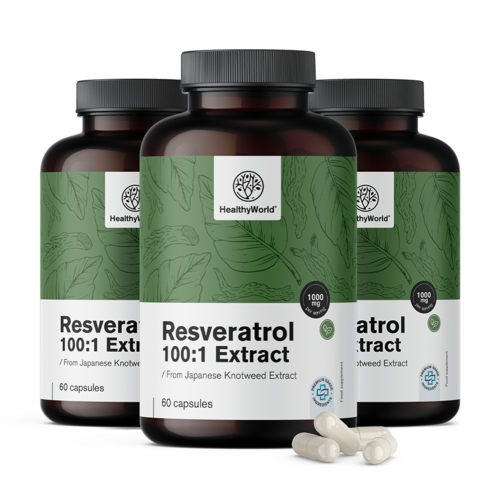 3x Resvératrol 1000 mg - extrait 100:1, ensemble 180 gélules