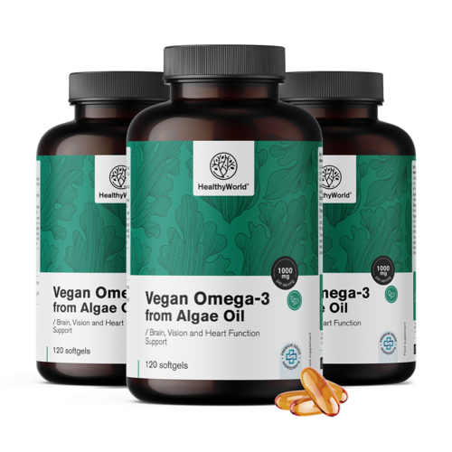 3x Oméga-3 végétalien 1000 mg – à base d'algues, ensemble 360 gélules molles