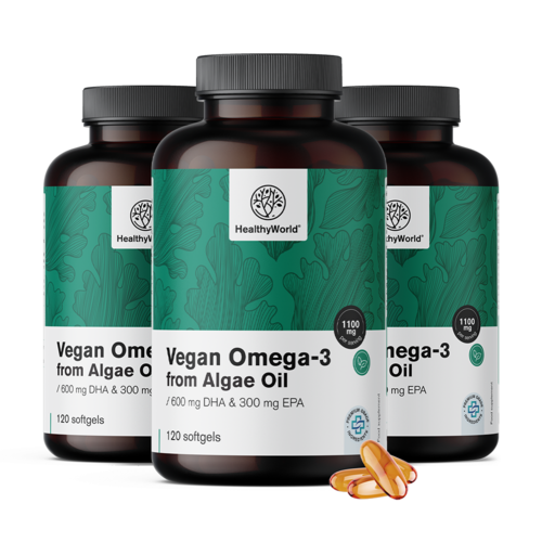 3x Oméga-3 végétalien 1100 mg – à base d'algues, ensemble 360 gélules molles