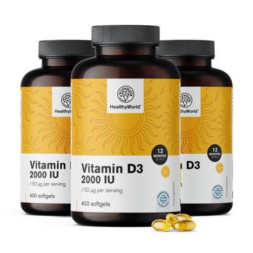 3x Vitamine D3 2000 UI, ensemble 1200 gélules molles