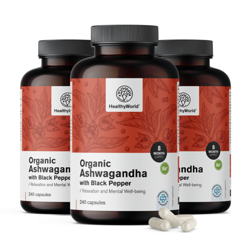 3x BIO Ashwaganda au poivre noir, ensemble 720 gélules