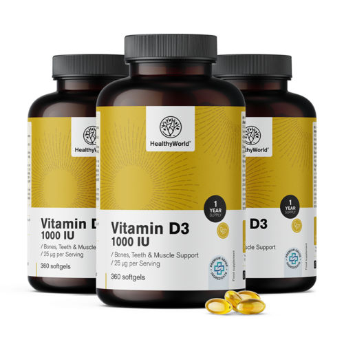 3x Vitamine D3 1000 UI, ensemble 1080 gélules molles