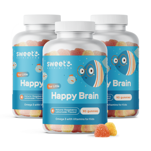 3x Happy Brain – Gummies pour enfants aux acides gras oméga-3, ensemble 270 gummies